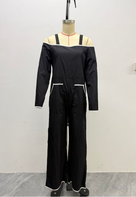 Angelica | Tuta nera off-shoulder a maniche lunghe con profili a contrasto