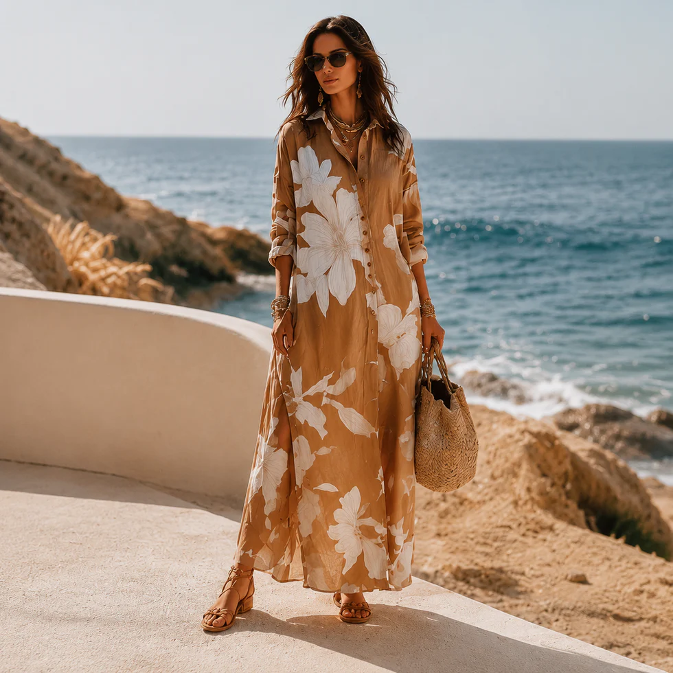 Elettra | Chemisier lungo marrone con maxi stampa floreale