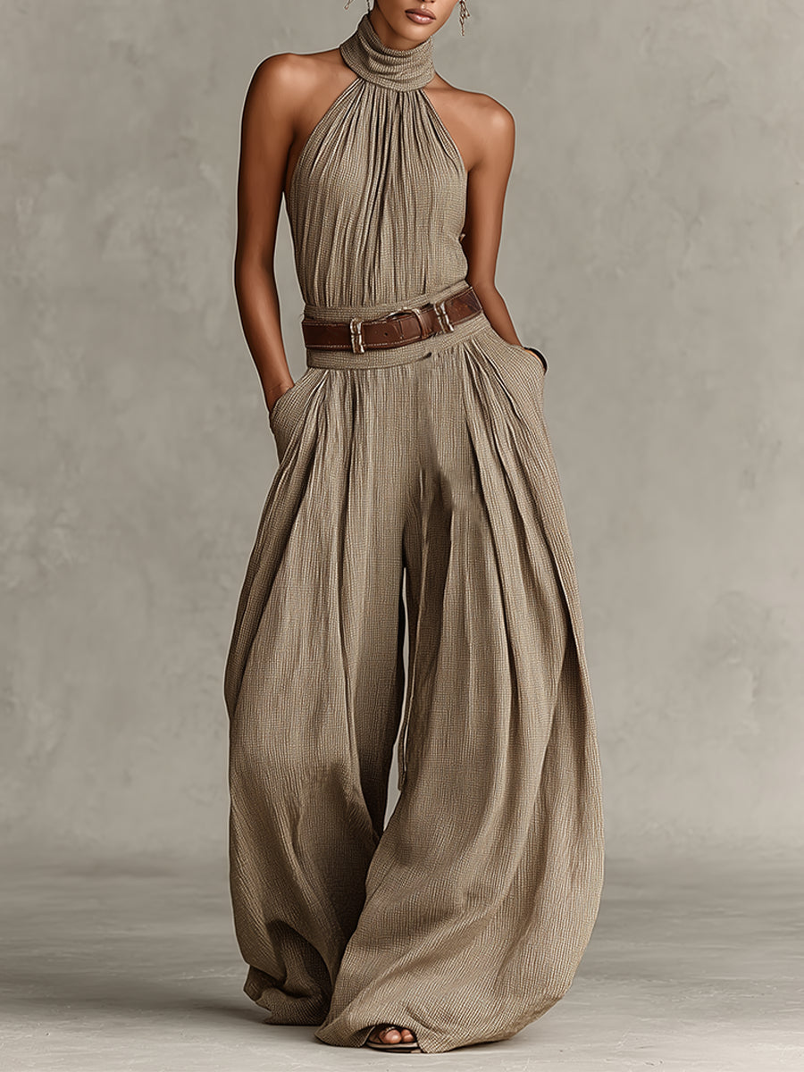 Caterina - Tuta wide leg tortora con scollo all'americana in stile boho