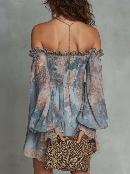 Elvira | Mini abito floreale off-shoulder con maniche ampie e bordi in pizzo