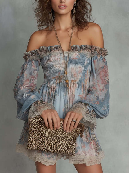 Elvira | Mini abito floreale off-shoulder con maniche ampie e bordi in pizzo