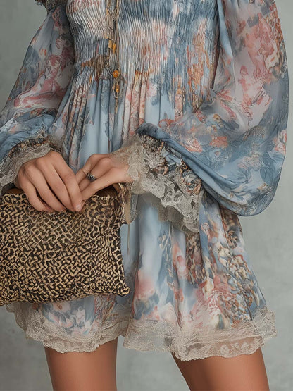 Elvira | Mini abito floreale off-shoulder con maniche ampie e bordi in pizzo