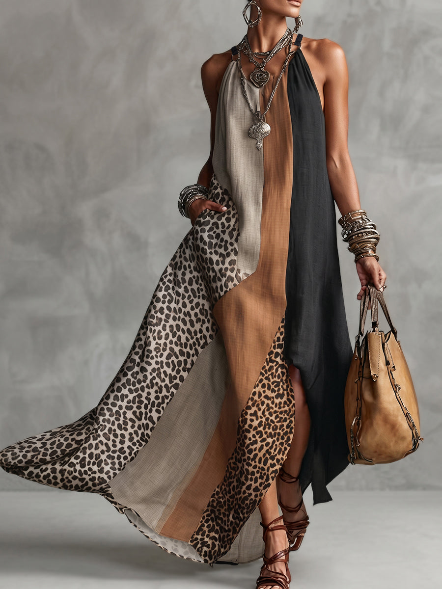 Soraya | Maxi abito asimmetrico con color block a contrasto e stampa leopardata