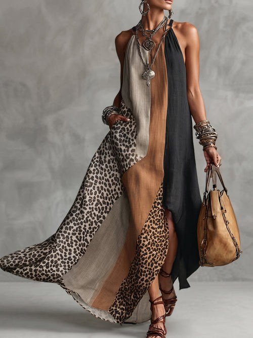 Soraya | Maxi abito asimmetrico con color block a contrasto e stampa leopardata