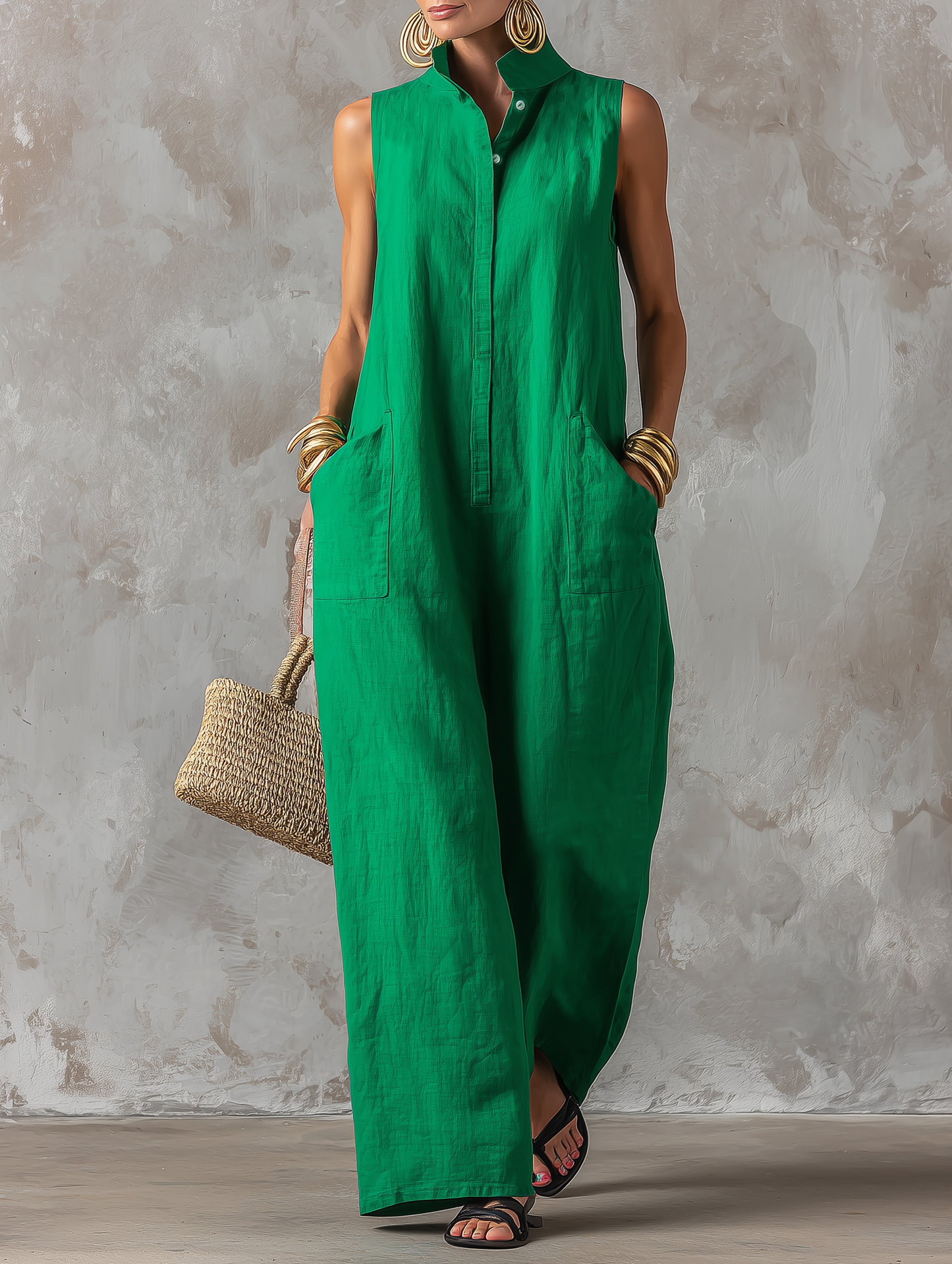Nerina | Tuta verde smanicata con collo alto e linea fluida