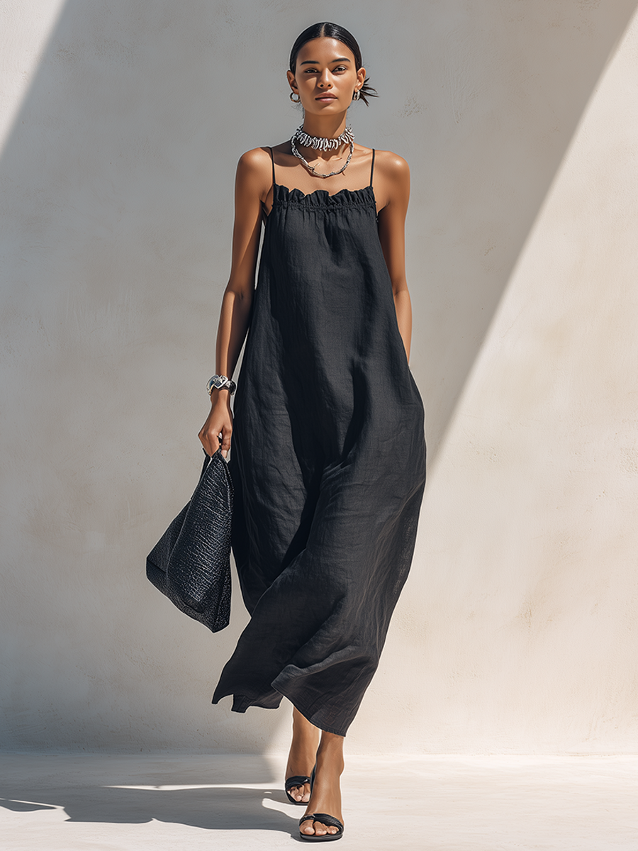 Greta - Maxi abito nero con scollo arricciato e spalline sottili