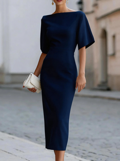 Lorenza | Abito midi bianco con scollo a barca e maniche corte
