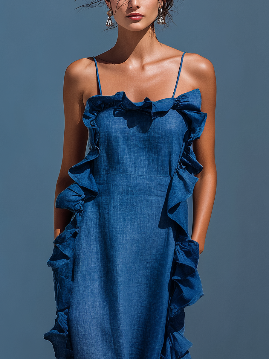 Samanta | Maxi abito blu con spalline sottili e profili a volant