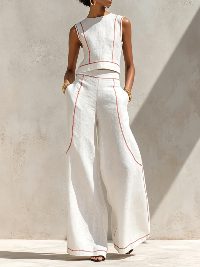 Vittoria - Coordinato bianco con top smanicato e pantaloni a gamba larga