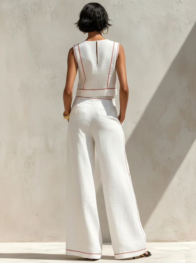 Vittoria - Coordinato bianco con top smanicato e pantaloni a gamba larga