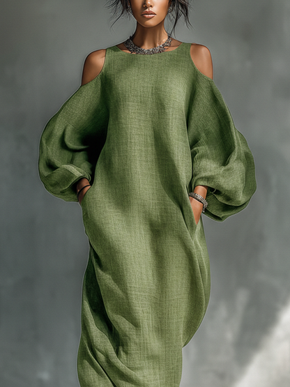 Marcella | Maxi abito verde con spalle scoperte e maniche a palloncino