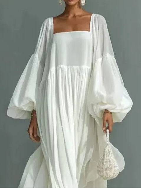 Priscilla | Maxi abito bianco con scollo quadrato e maniche a palloncino