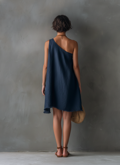 Giorgia | Mini abito blu monospalla con orlo sfrangiato
