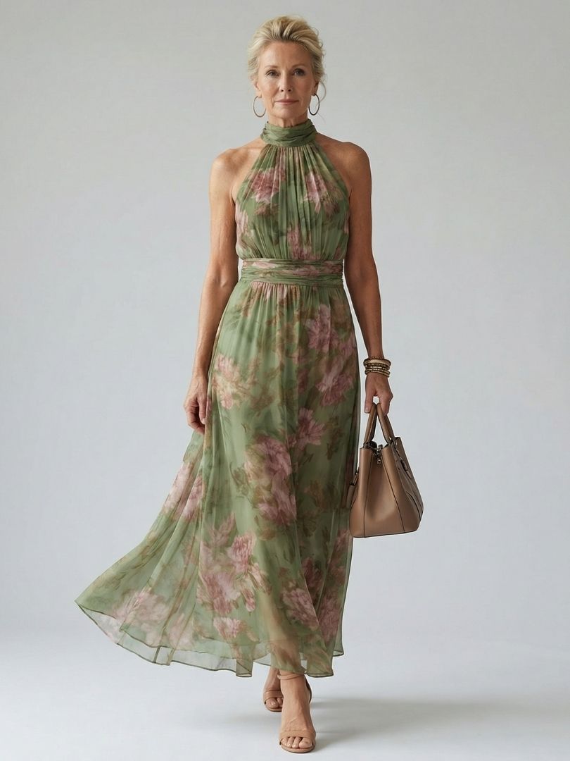 Mirella | Abito midi floreale con scollo halter e vita segnata