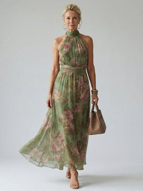 Mirella | Abito midi floreale con scollo halter e vita segnata