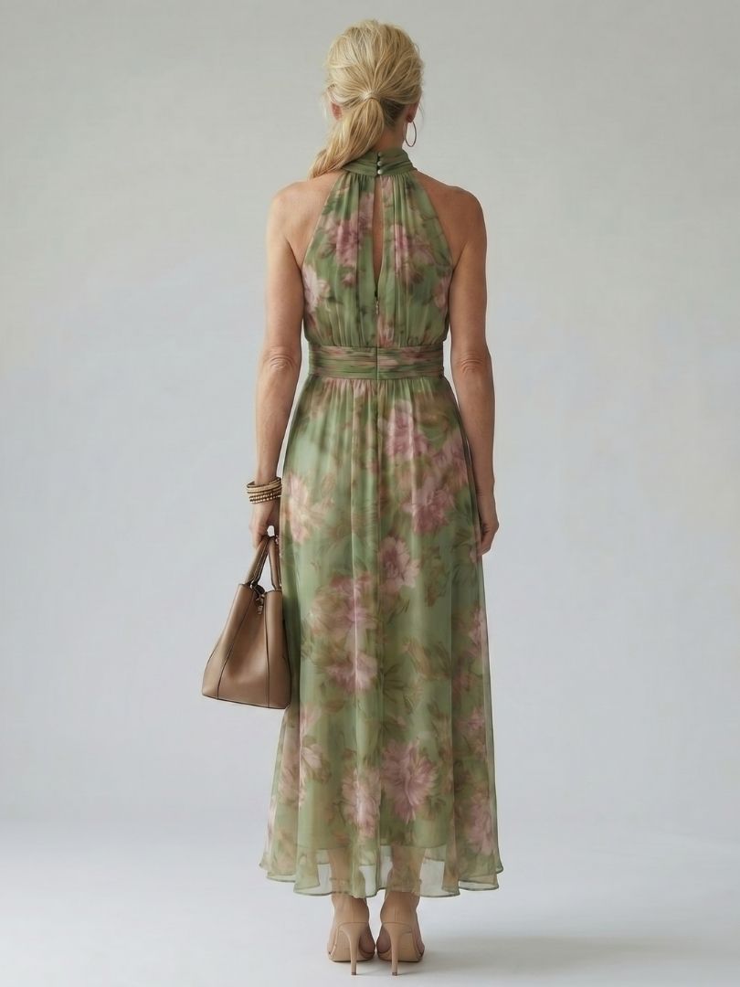 Mirella | Abito midi floreale con scollo halter e vita segnata