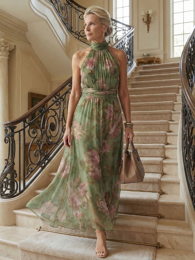 Mirella | Abito midi floreale con scollo halter e vita segnata