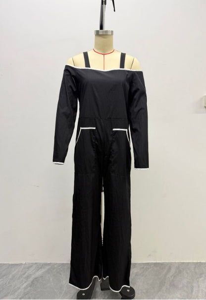 Angelica | Tuta nera off-shoulder a maniche lunghe con profili a contrasto