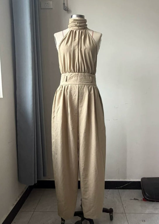 Caterina - Tuta wide leg tortora con scollo all'americana in stile boho