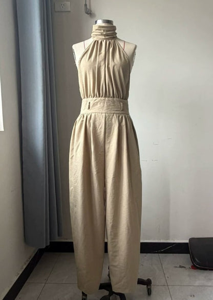 Caterina - Tuta wide leg tortora con scollo all'americana in stile boho