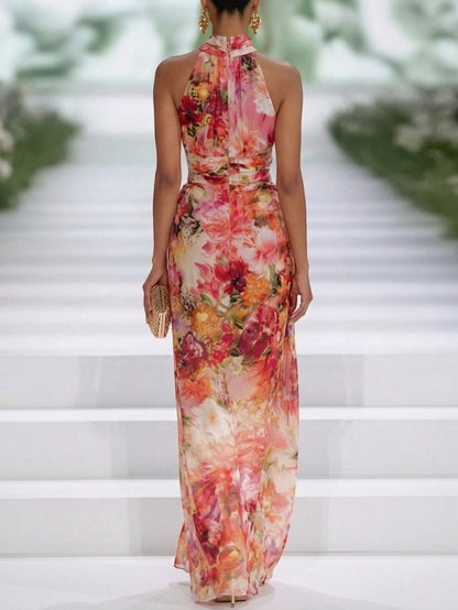 Letizia | Maxi abito floreale con scollo halter e vita segnata
