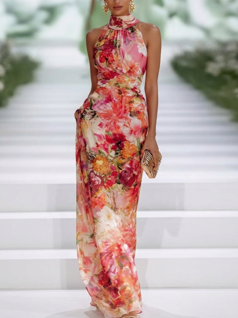 Letizia | Maxi abito floreale con scollo halter e vita segnata