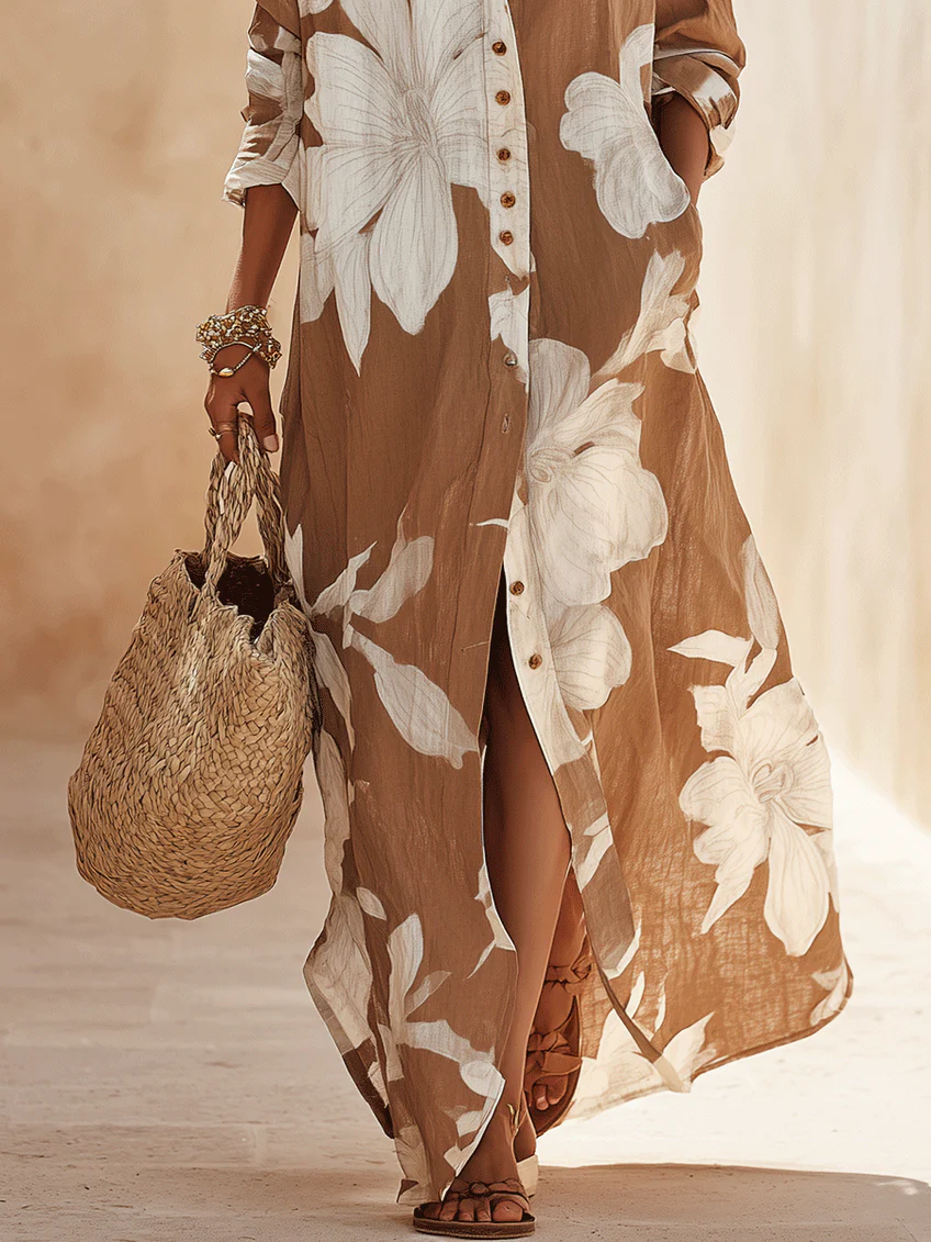 Elettra | Chemisier lungo marrone con maxi stampa floreale