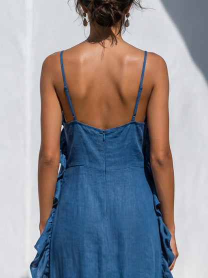 Samanta | Maxi abito blu con spalline sottili e profili a volant